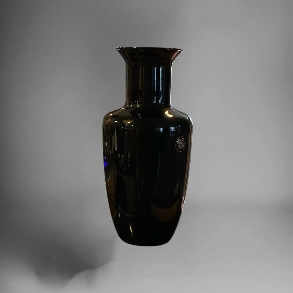 CROWN CORNING GLASS WORKS FIRENZE 12” HANDBLOWN BLACK GLASS VASE Handblown in It
